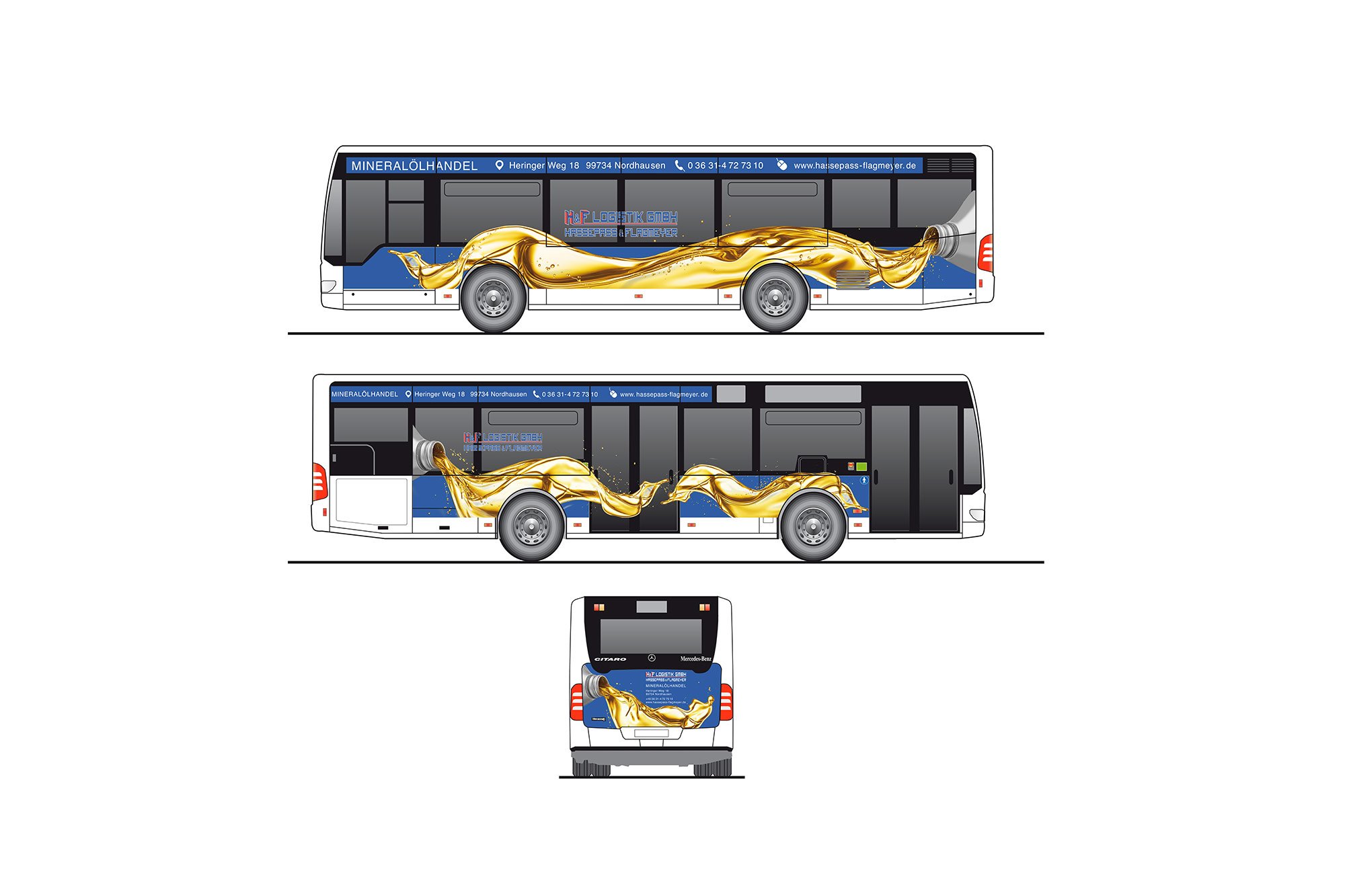 Werbeagentur aus Nordhausen/Thüringen für Grafikdesign und Webseiten: Fahrzeugbeschriftung Bus für Mineralölhandel Hassepass & Flagmeyer