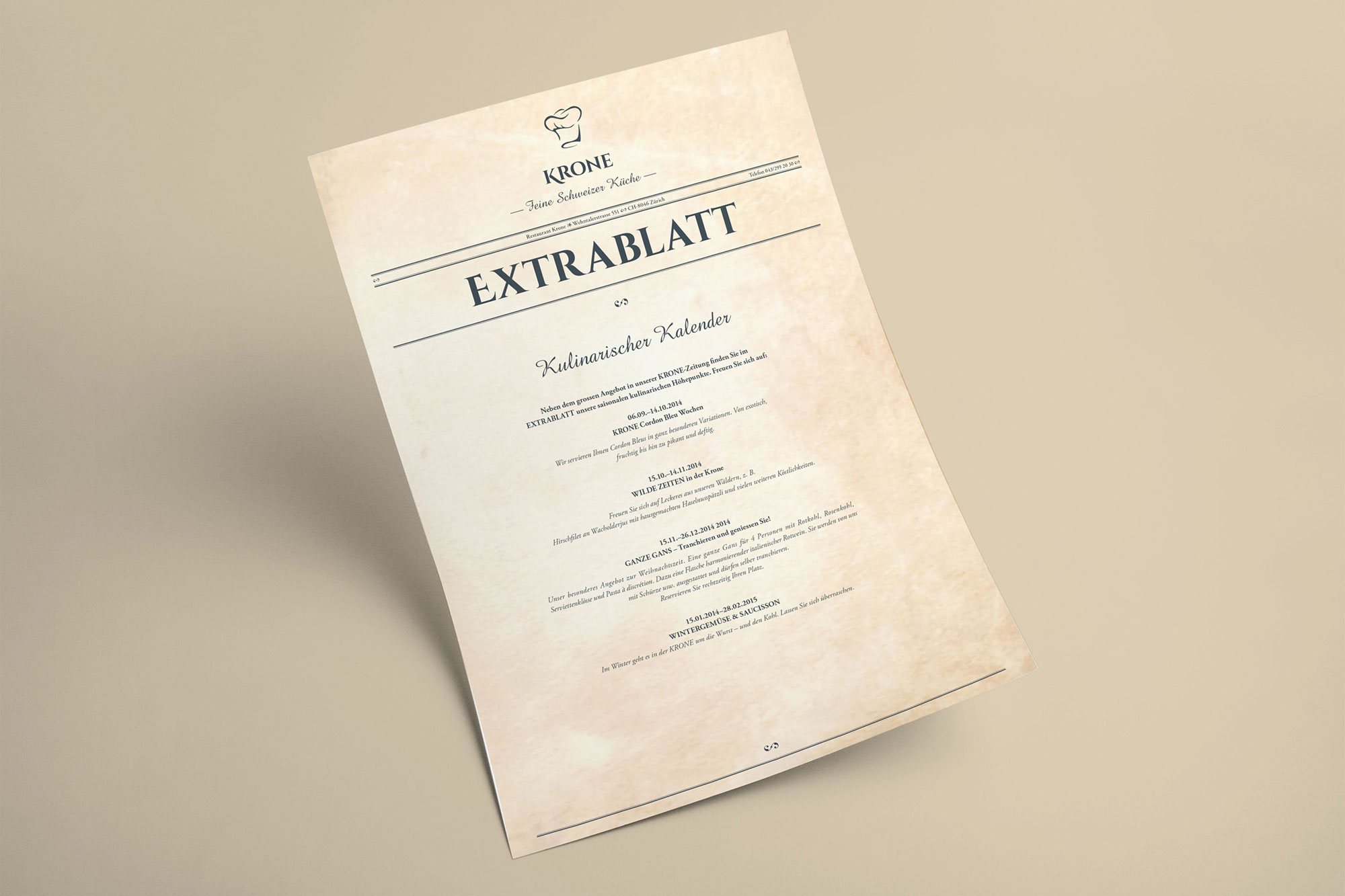 Werbeagentur aus Nordhausen/Thüringen für Grafikdesign und Webseiten: Extrablatt des Restaurants Krone im Kronenhof Zürich