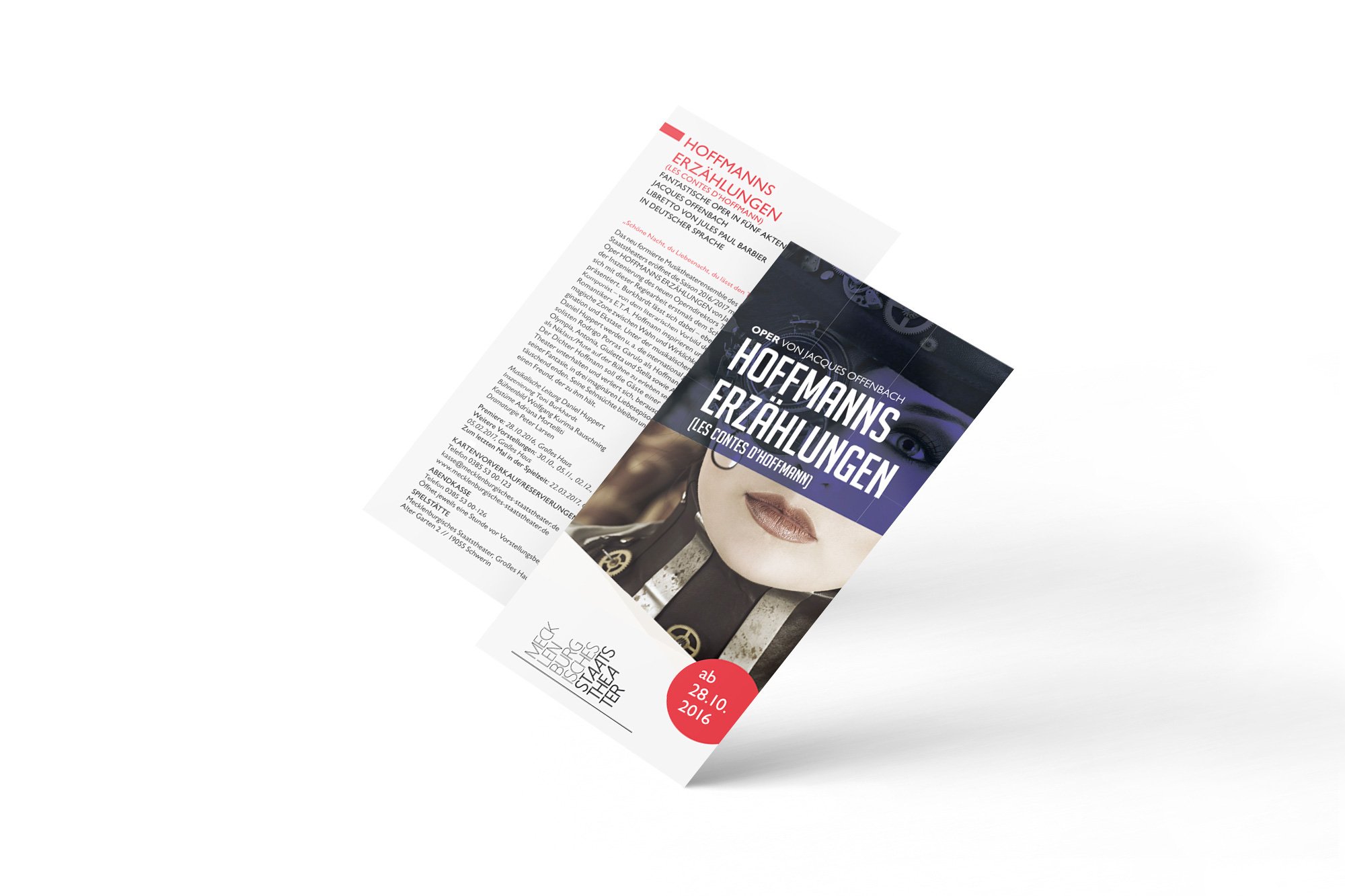 Werbeagentur aus Nordhausen/Thüringen für Grafikdesign und Webseiten: Flyer zur Oper Hoffmanns Erzählungen des Mecklenburgischen Staatstheaters für Kunst und Kultur