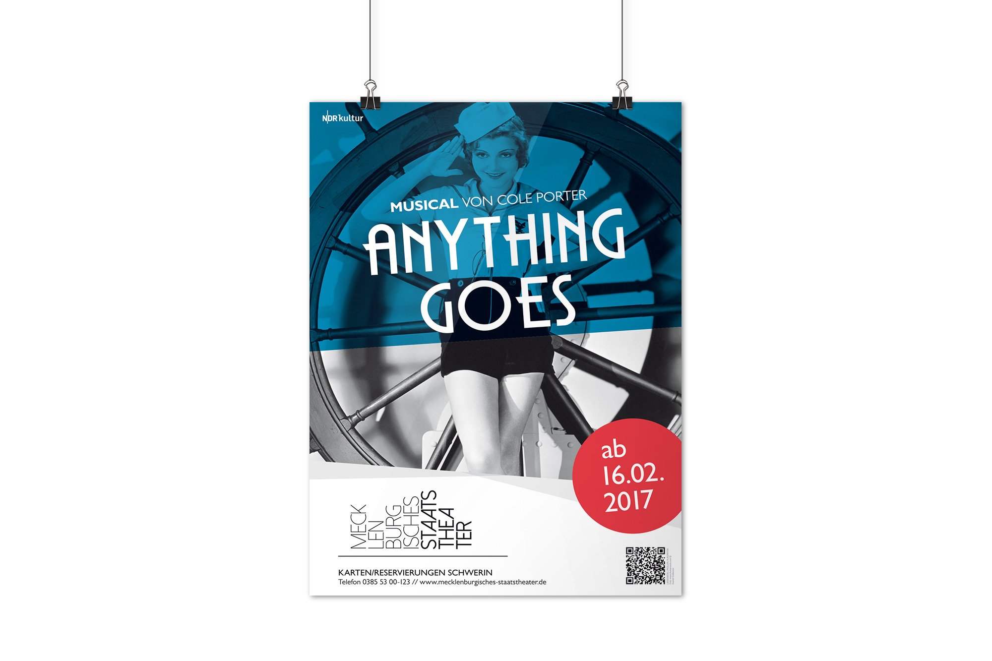 Werbeagentur aus Nordhausen/Thüringen für Grafikdesign und Webseiten: Plakat zum Musical Anything Goes des Mecklenburgischen Staatstheaters für Kunst und Kultur