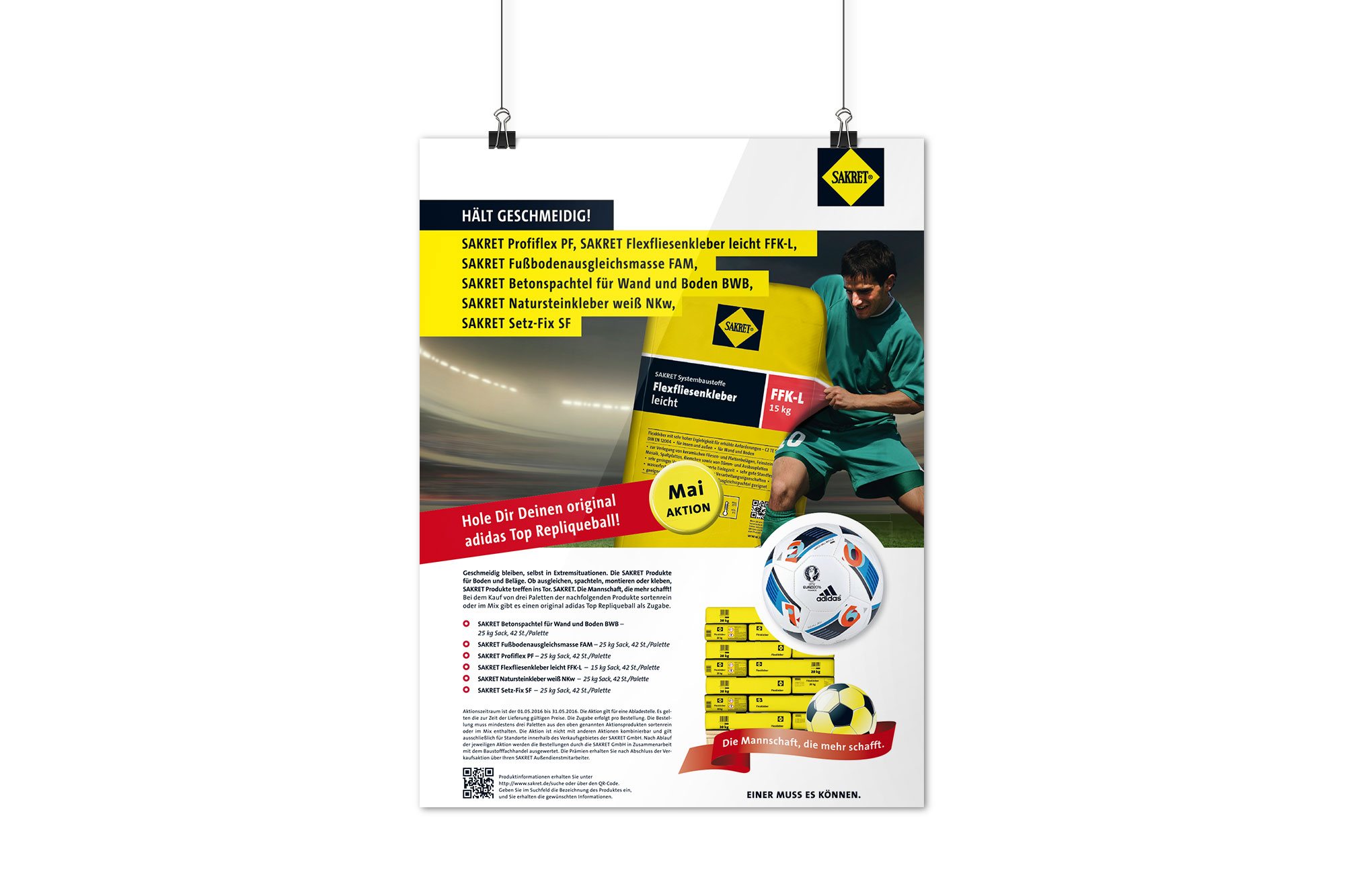 Werbeagentur aus Nordhausen/Thüringen für Grafikdesign und Webseiten: Aktions-Plakat der Fußball-Kampagne zur Europameisterschaft 2016 der SAKRET Trockenbaustoffe Europa GmbH & Co. KG für die Industrie