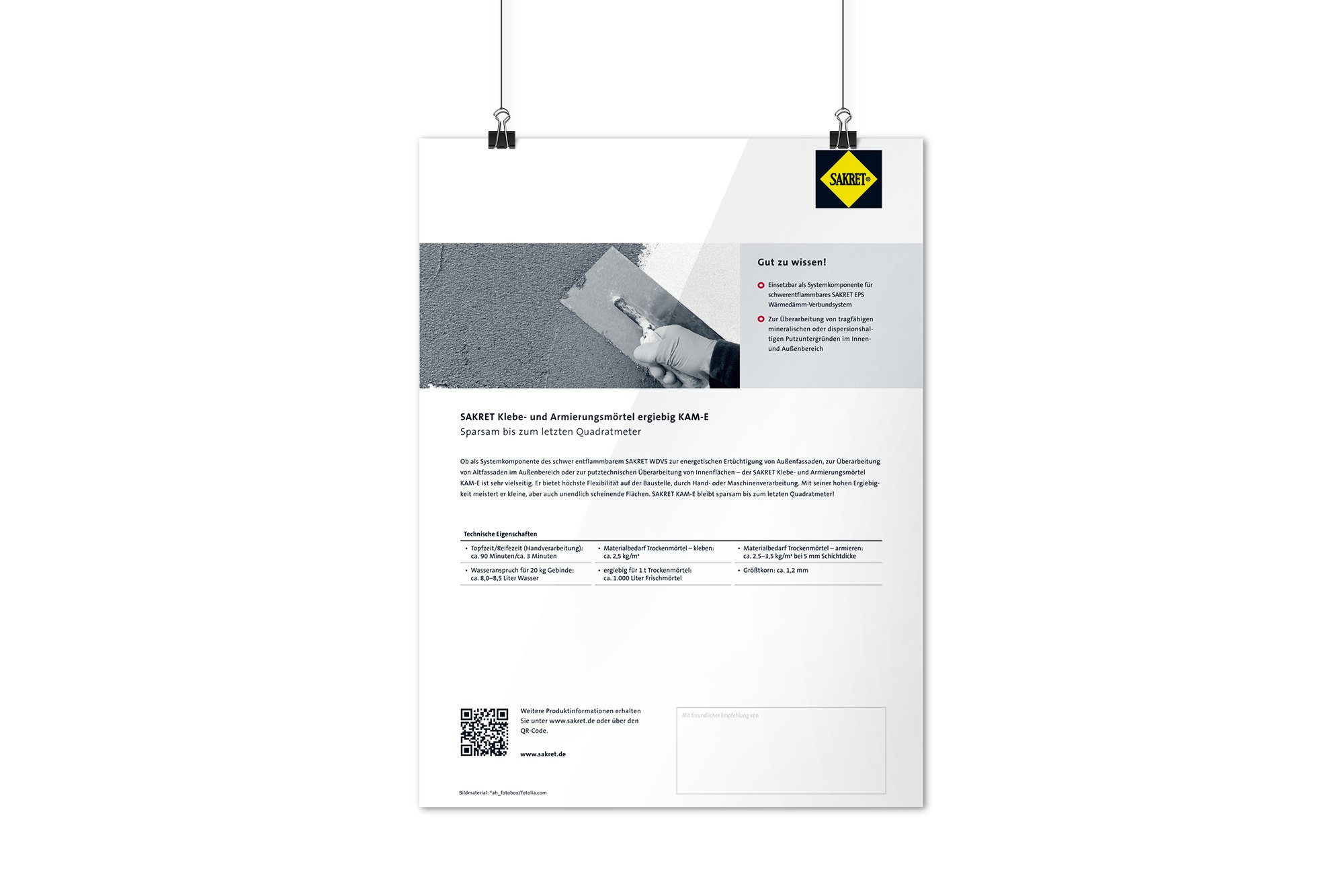 Werbeagentur aus Nordhausen/Thüringen für Grafikdesign und Webseiten: Rückrseite Produktflyer Klebe- und Armierungsmörtel KAM-E der SAKRET Trockenbaustoffe Europa GmbH & Co. KG für die Industrie