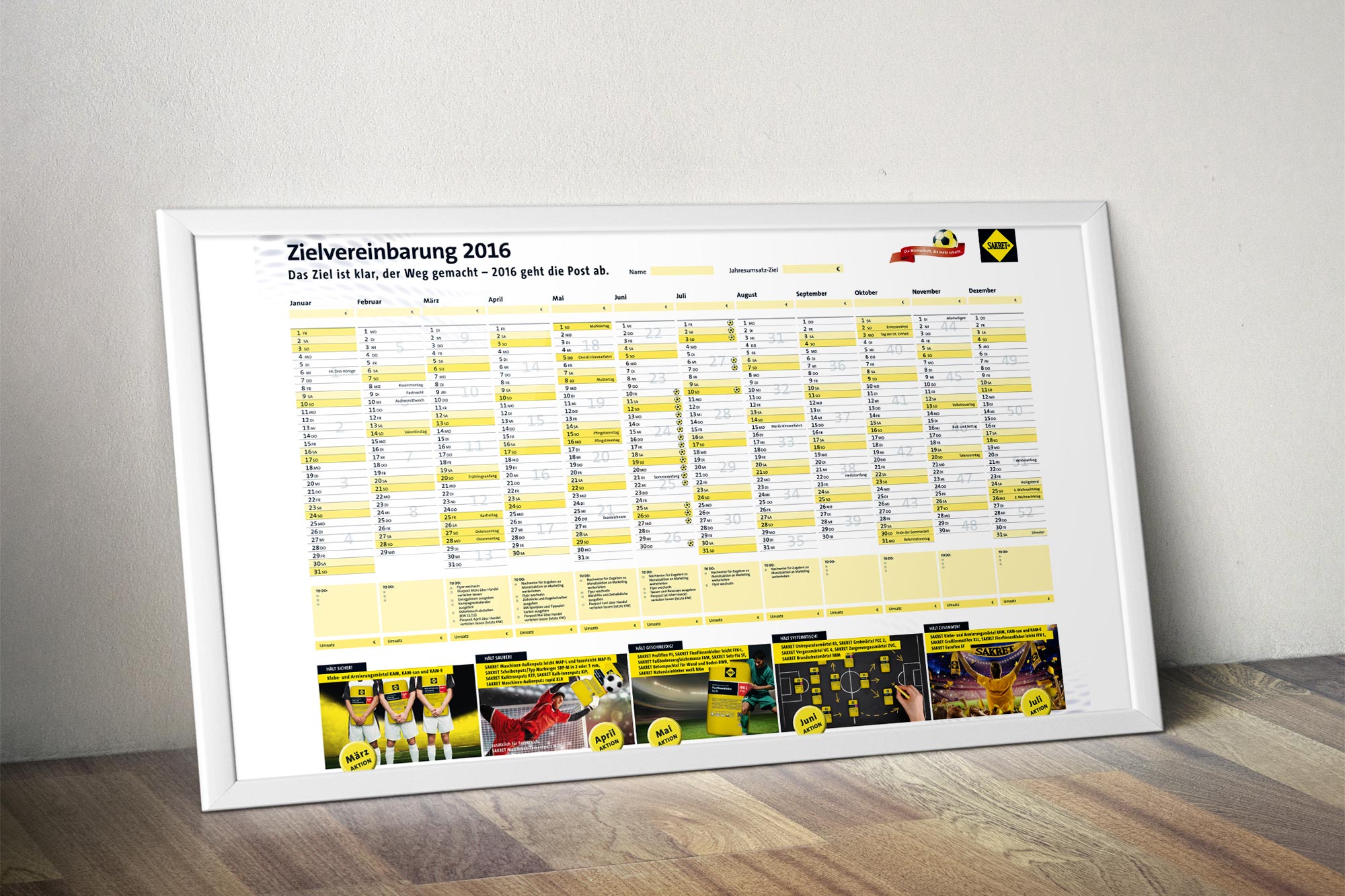 Werbeagentur aus Nordhausen/Thüringen für Grafikdesign und Webseiten: Kalender für das Fußball-Jahr Europameisterschaft 2016 der SAKRET Trockenbaustoffe Europa GmbH & Co. KG für die Industrie