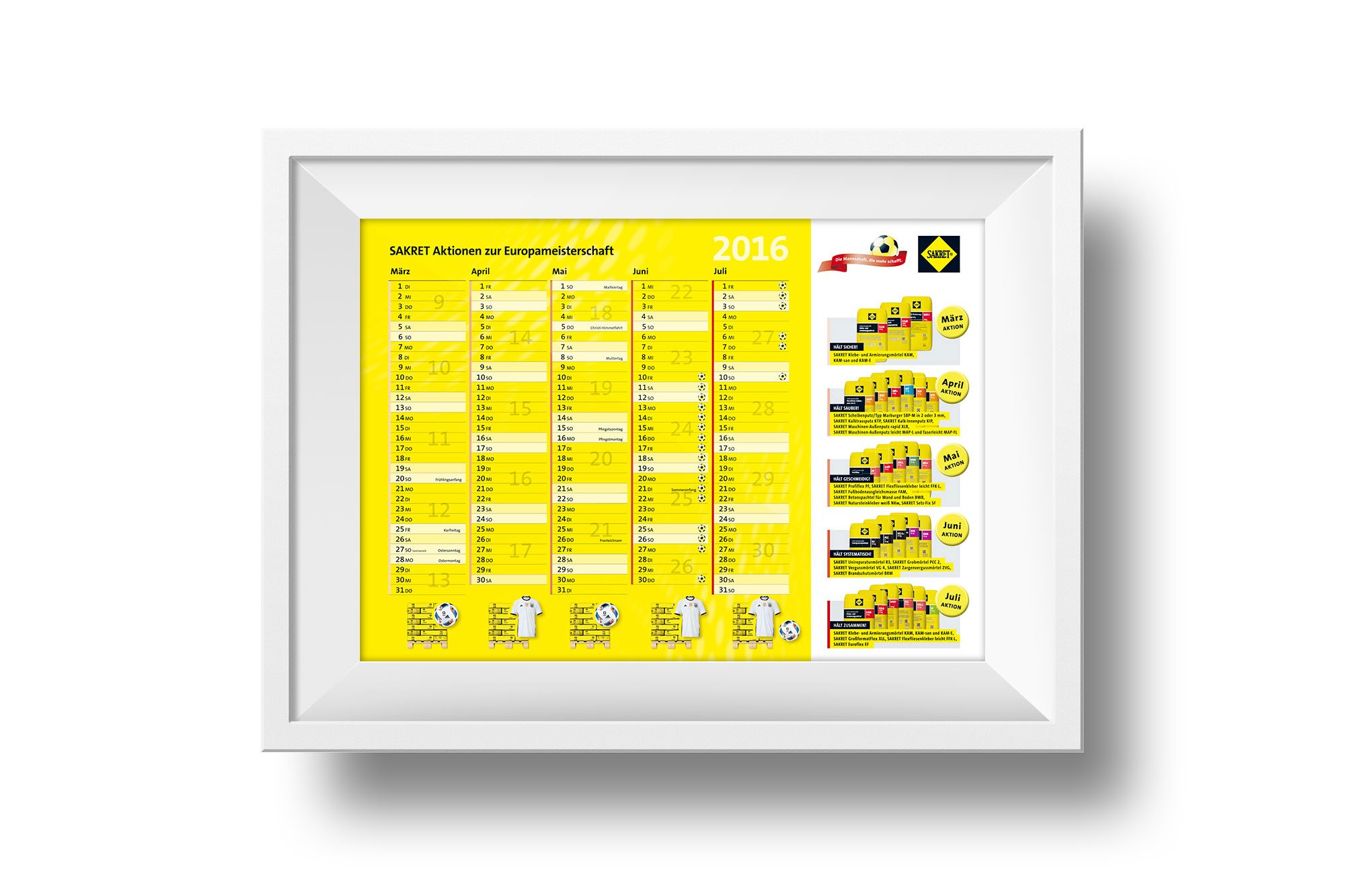 Werbeagentur aus Nordhausen/Thüringen für Grafikdesign und Webseiten: Kalender ”Gemeinsam mit SAKRET durch die Europameisterschaft“ der SAKRET Trockenbaustoffe Europa GmbH & Co. KG für die Industrie