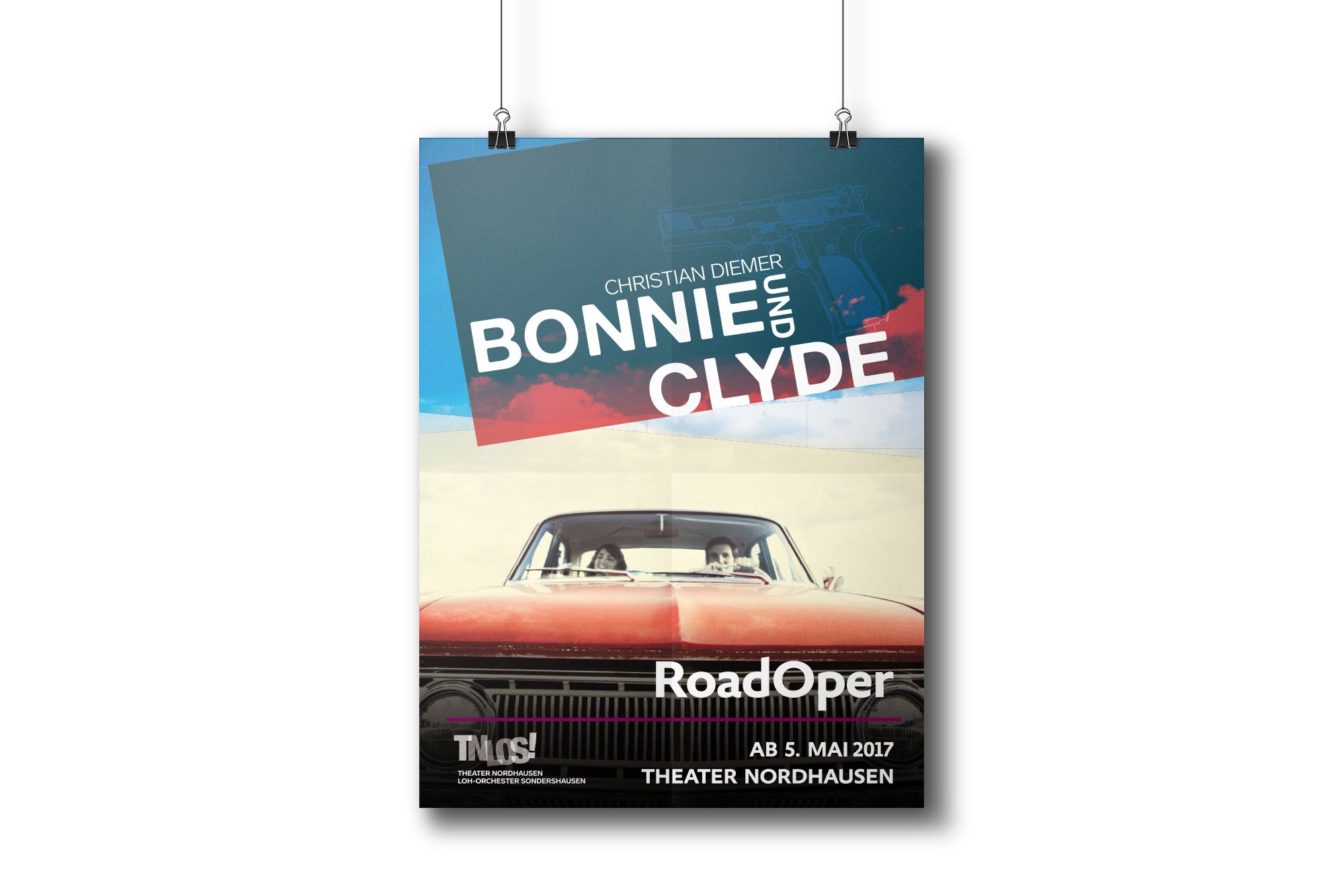 Werbeagentur aus Nordhausen/Thüringen für Grafikdesign und Webseiten: Plakat „Bonnie und Clyde“ des Theaters Nordhausen/Loh-Orchesters Sondershausen für Kunst und Kultur